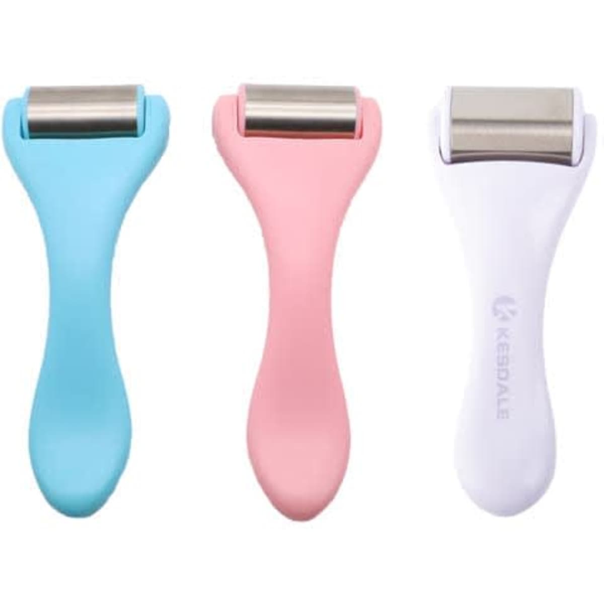 A collection of three stainless steel ice rollers in blue, pink, and white. Each roller features a branded handle.