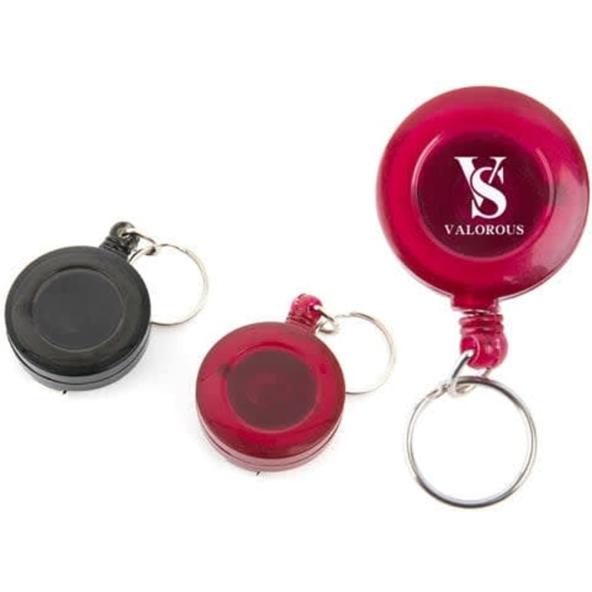 A red and black round ABS retractable badge holder with key rings, featuring a logo on the red holder.