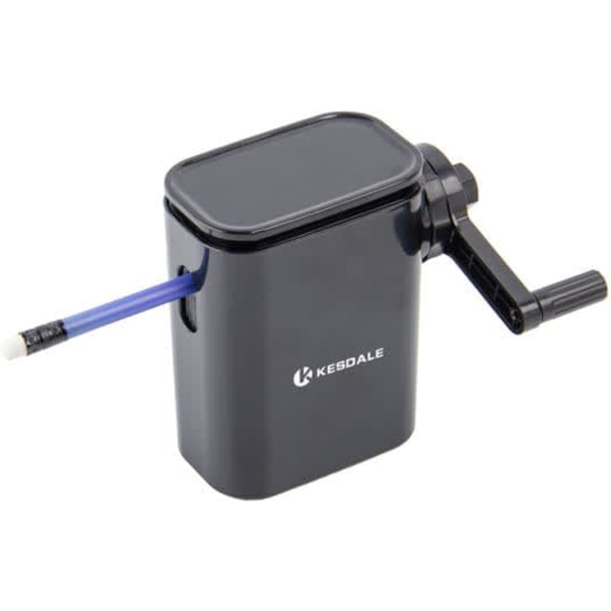 A black plastic desktop pencil sharpener with a side crank and an opening for inserting pencils.