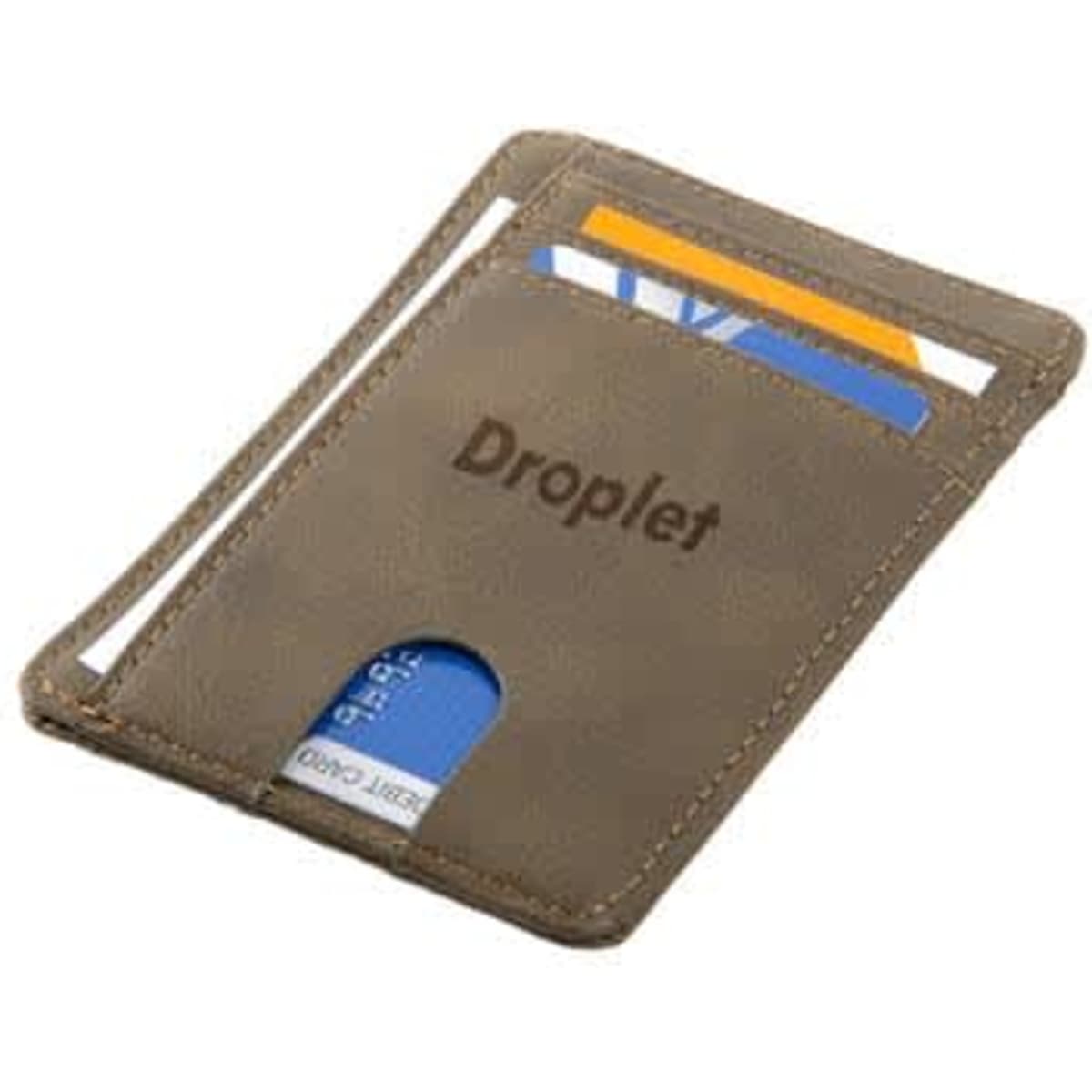 A grey PU leather card holder with RFID protection, featuring slots for cards and a logo.