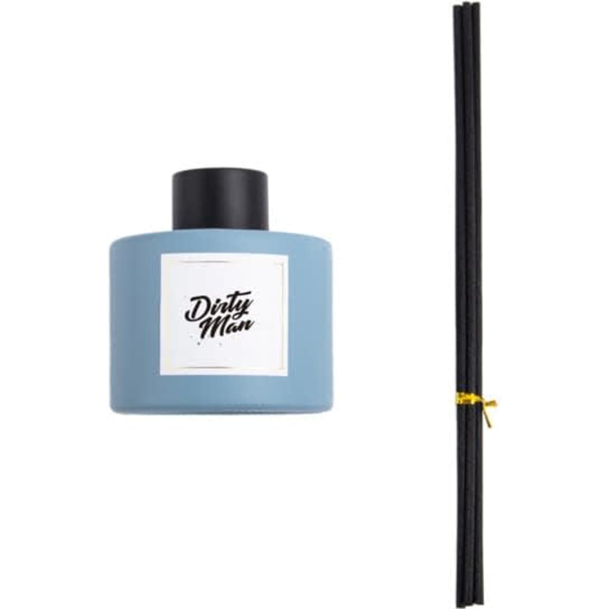 A blue aromatherapy reed diffuser with a black cap and black reeds, featuring a logo on the bottle.