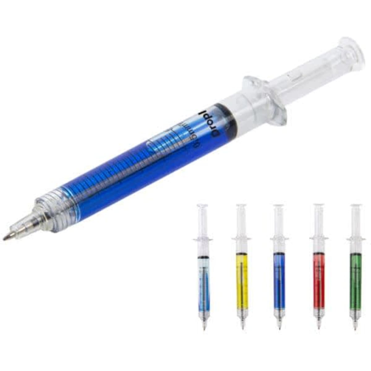 A multicoloured pen designed like a syringe, featuring blue ink with additional pens in yellow, red, green, and blue.