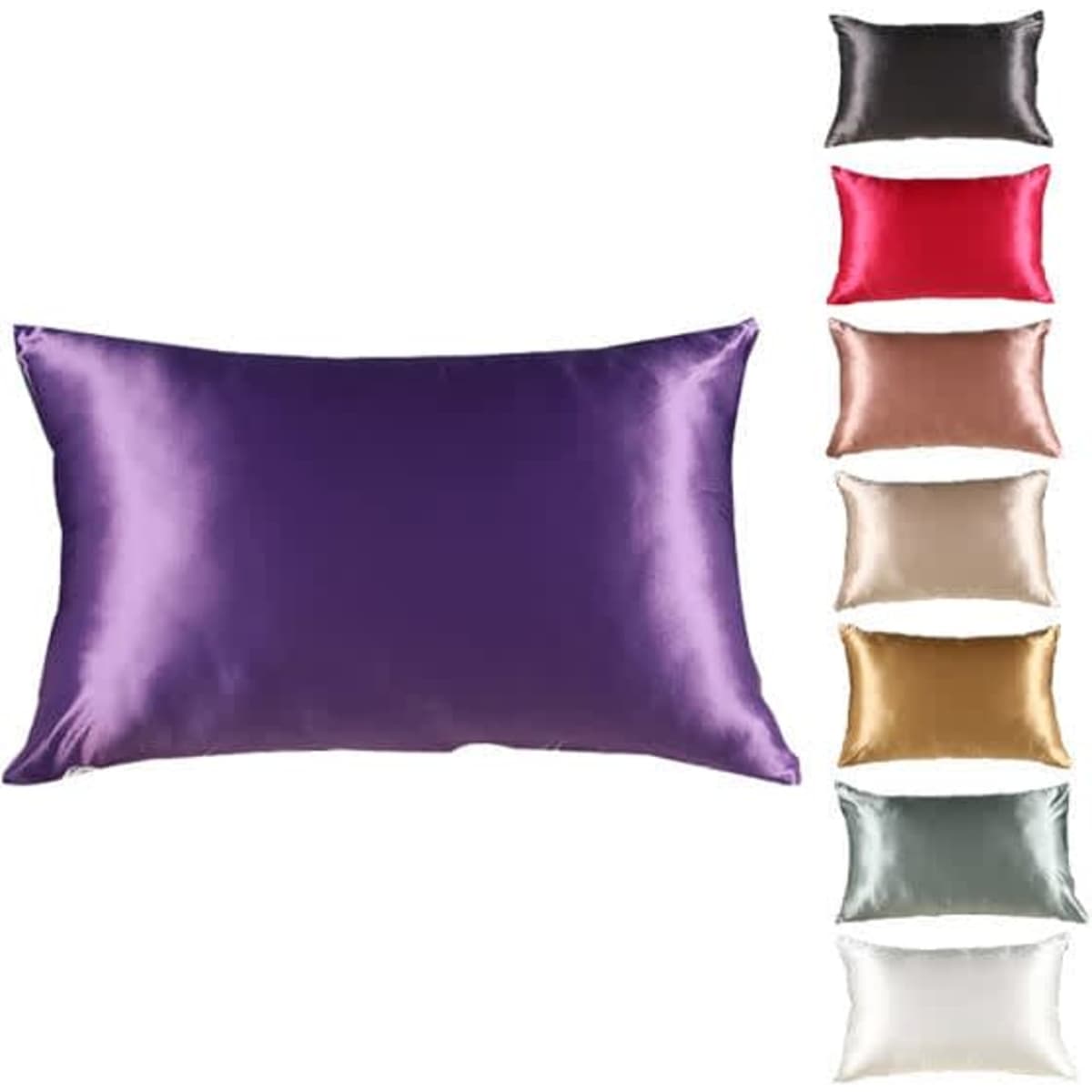 A large satin silk pillowcase in purple, accompanied by various pillowcase options in other colours.