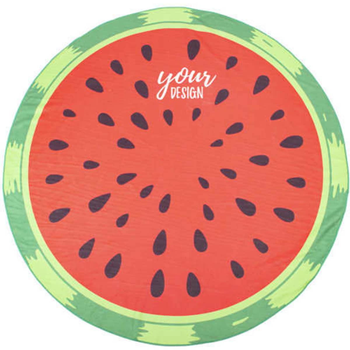 A round beach towel featuring a vibrant watermelon design with red and green colours and a central area for customisation.