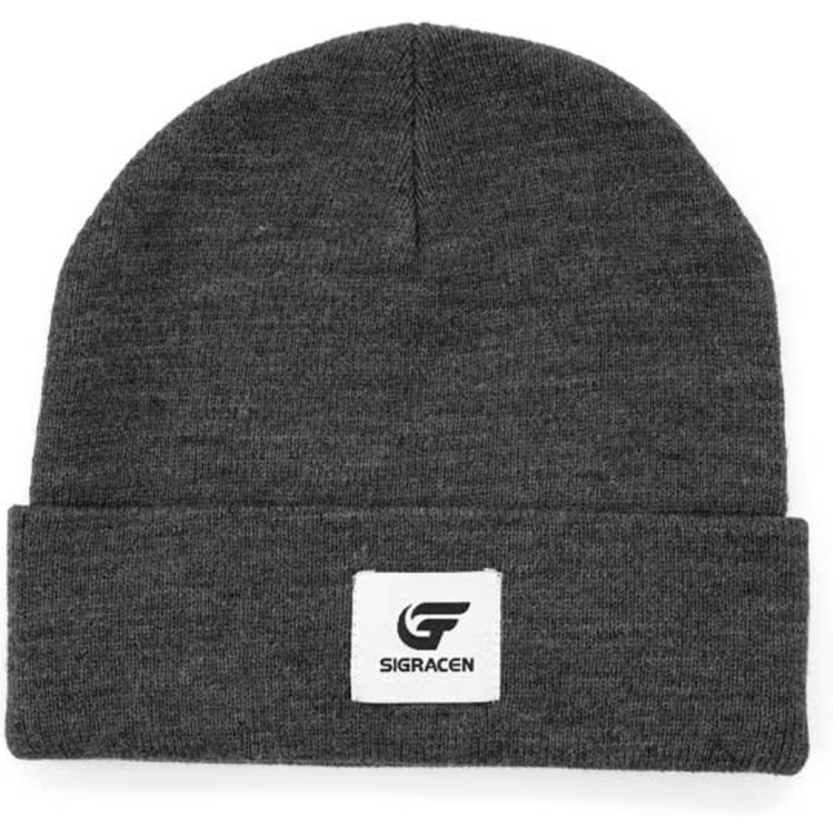 A grey cuffed beanie featuring a patch, showcasing a stylish and warm headwear option.