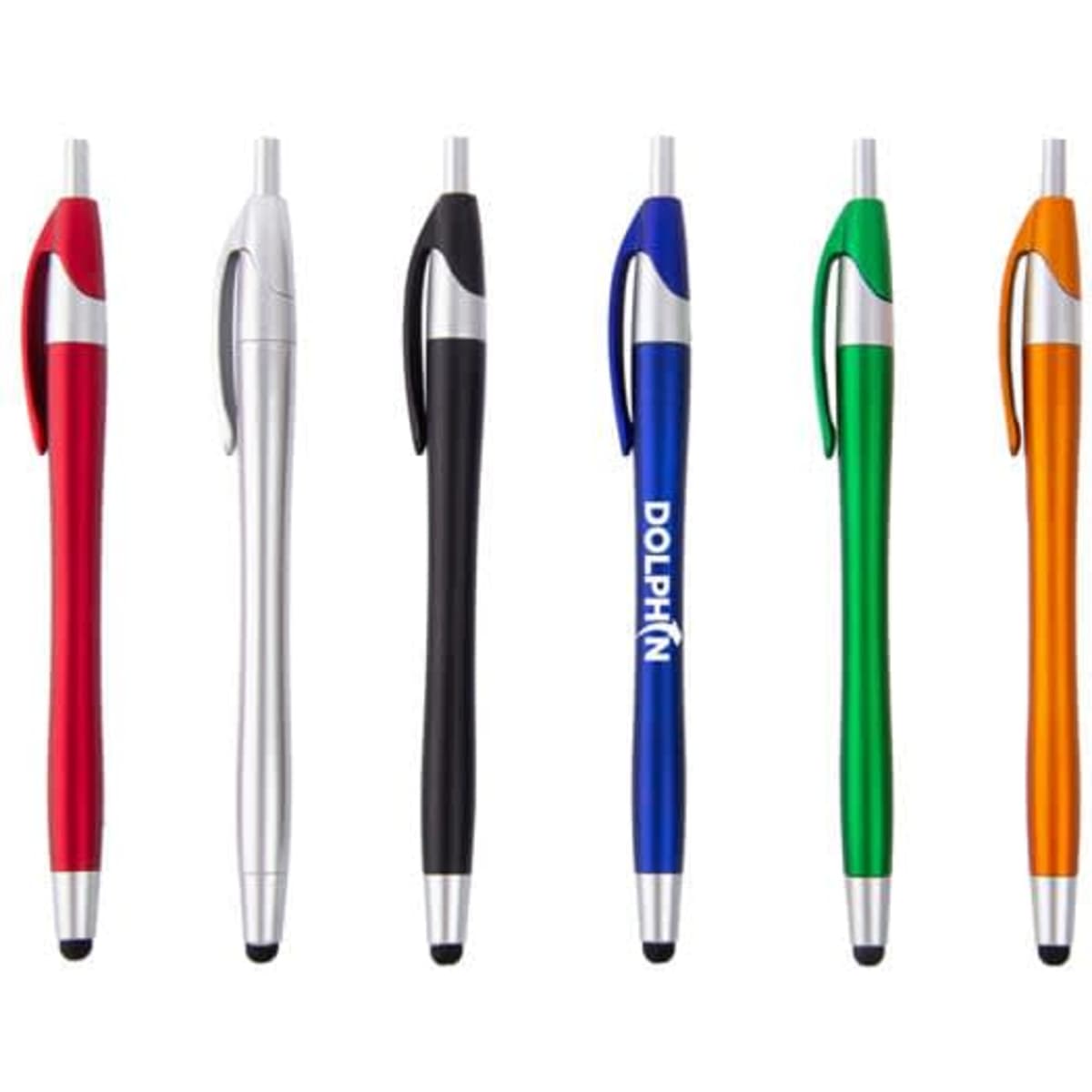 A collection of stylus pens in red, silver, black, blue, green, and orange, featuring various designs and a logo.