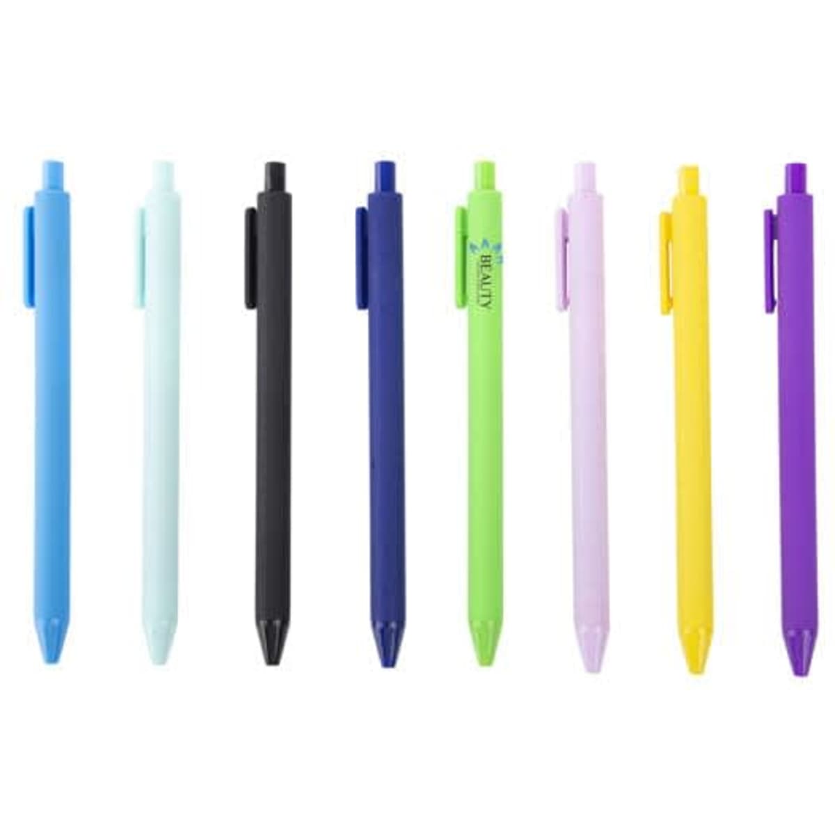 A selection of plastic ballpoint pens in various colours: light blue, black, navy, green, pink, yellow, and purple.