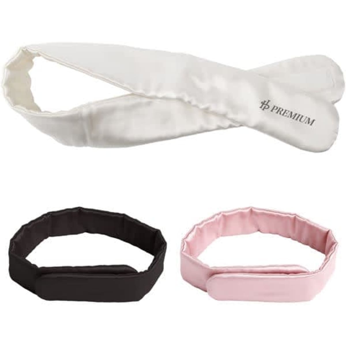 A silk headband in white, black, and pink, featuring a logo on the white band.