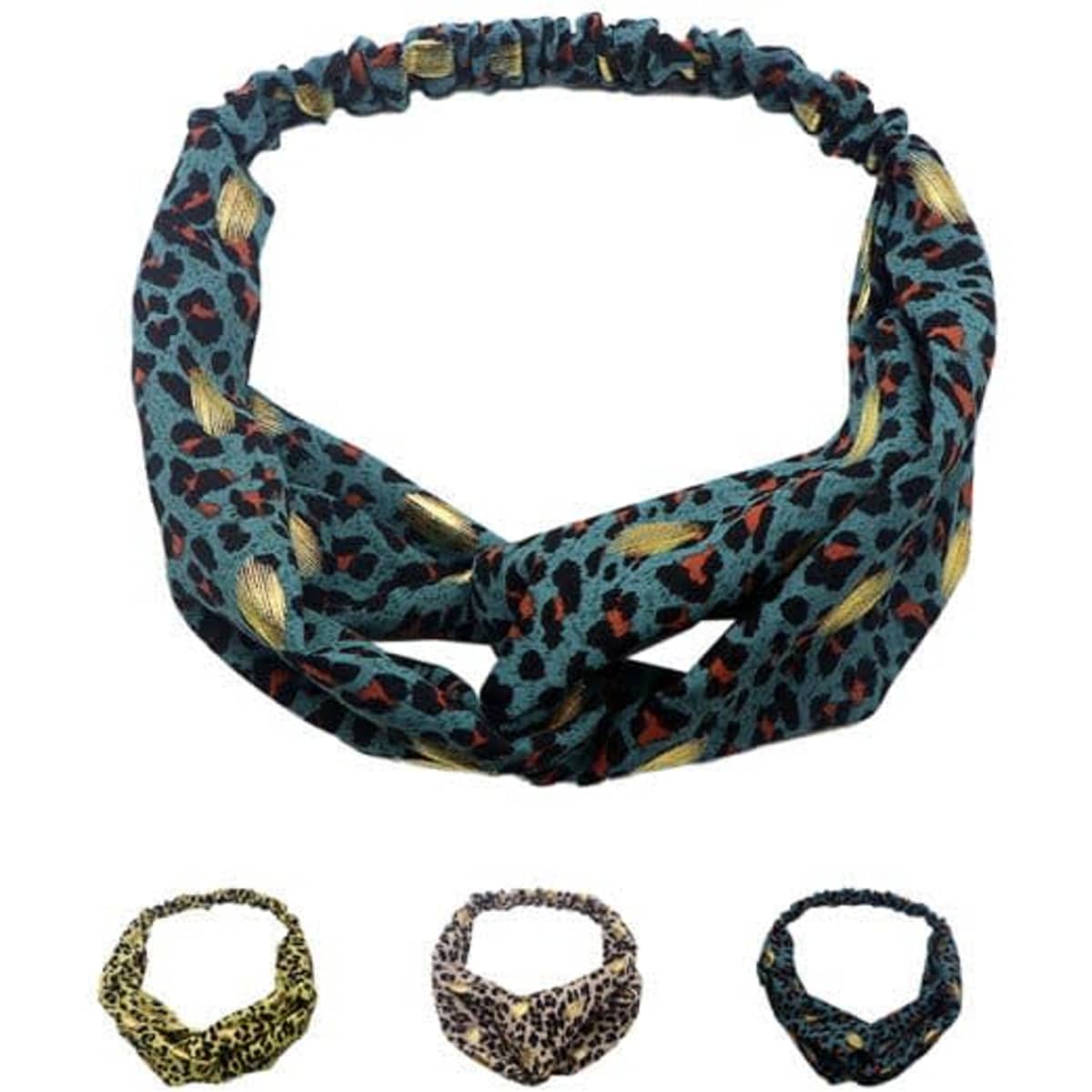 A criss-cross headband featuring a teal base with a leopard print design and three additional patterns in different colours.