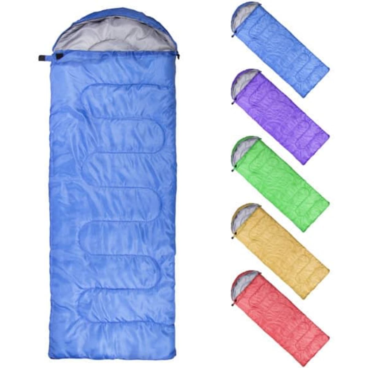 A blue sleeping bag with a grey interior, alongside options in purple, green, and yellow. Features a logo.
