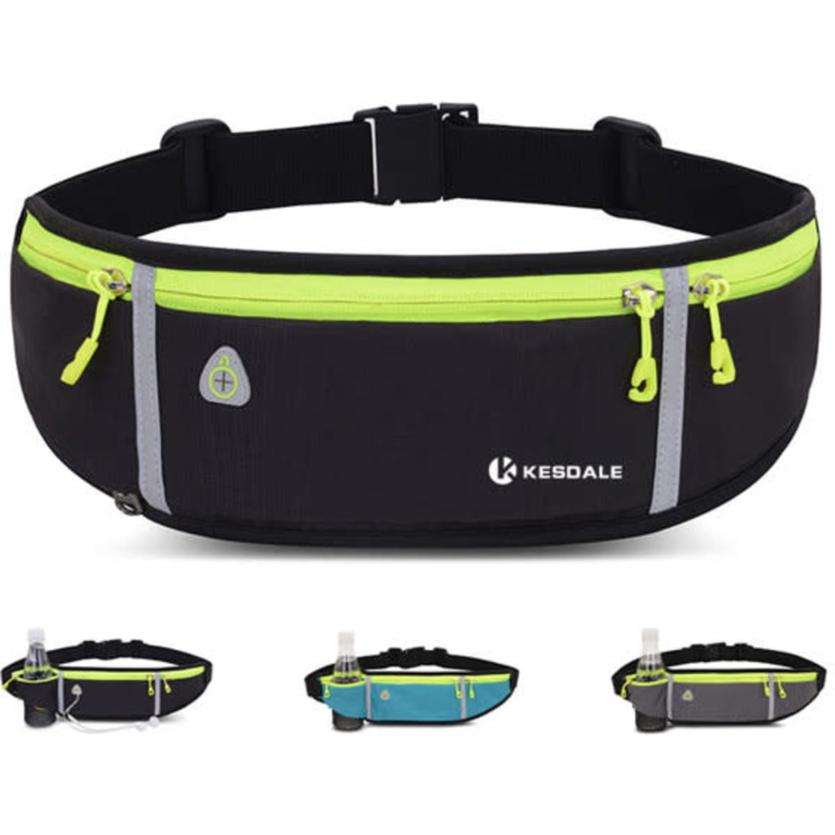 A black waterproof sport belt bag with neon yellow accents and multiple zip compartments, featuring a logo.