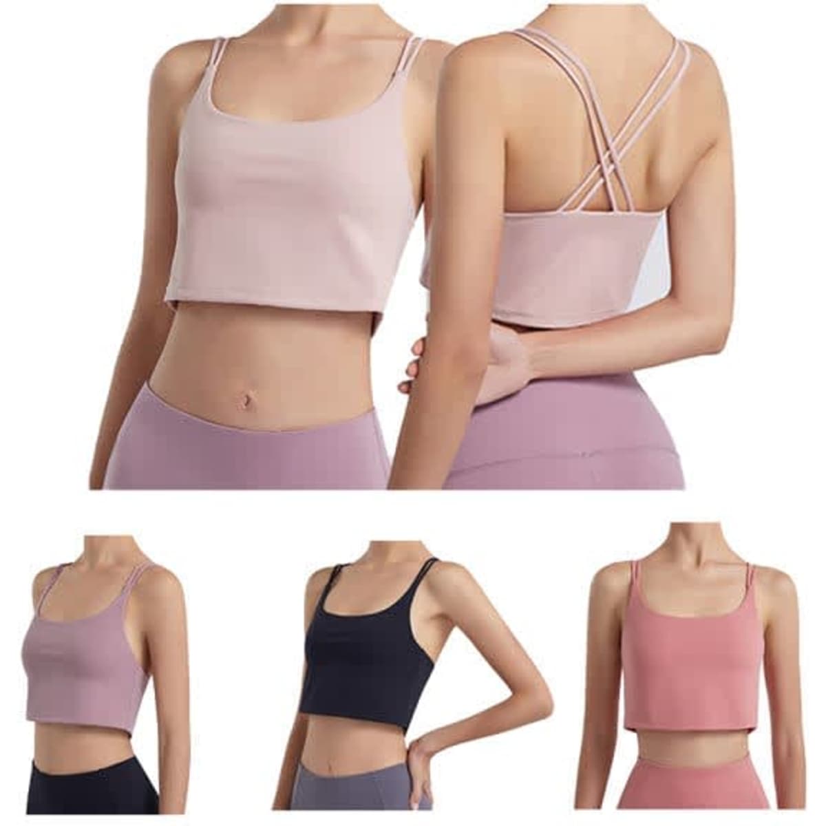 A padded cross back sports bra in various colours including pink and navy, featuring a stylish cropped design and a logo.