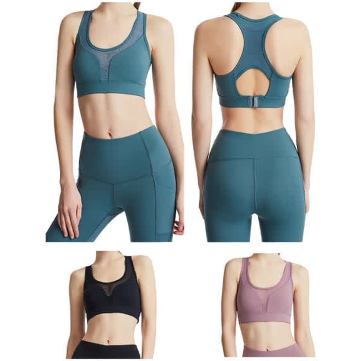 A sports bra in teal, black, and mauve with mesh detailing and a branded logo. Features a scoop neck and cut-out back design.