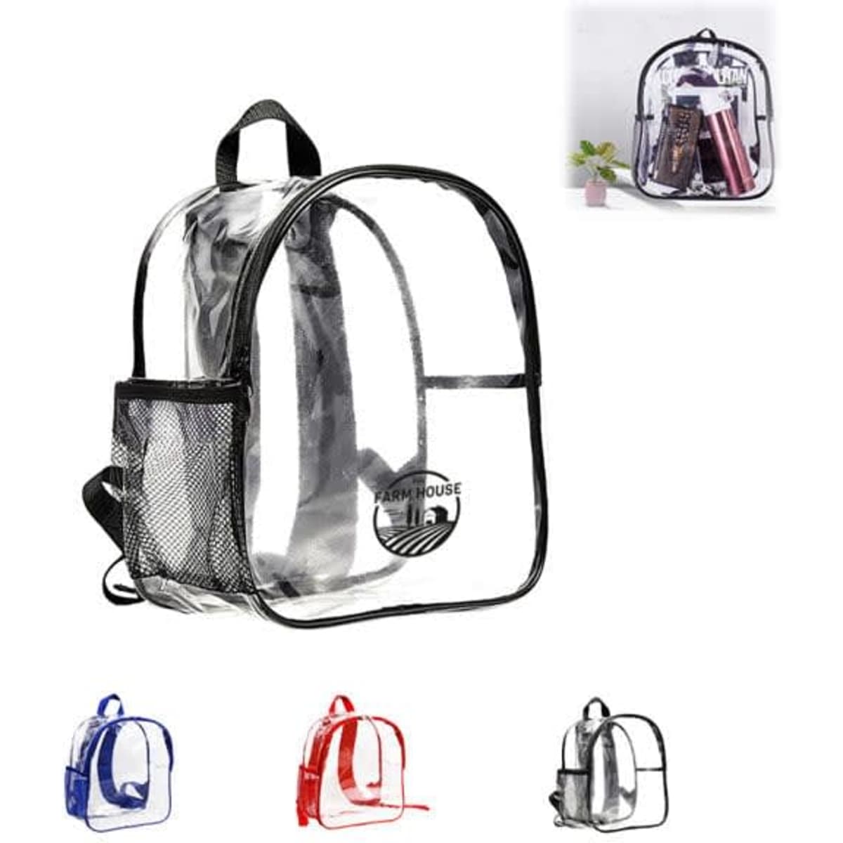 A clear waterproof school backpack with black detailing, featuring mesh side pockets or stands against a white background.