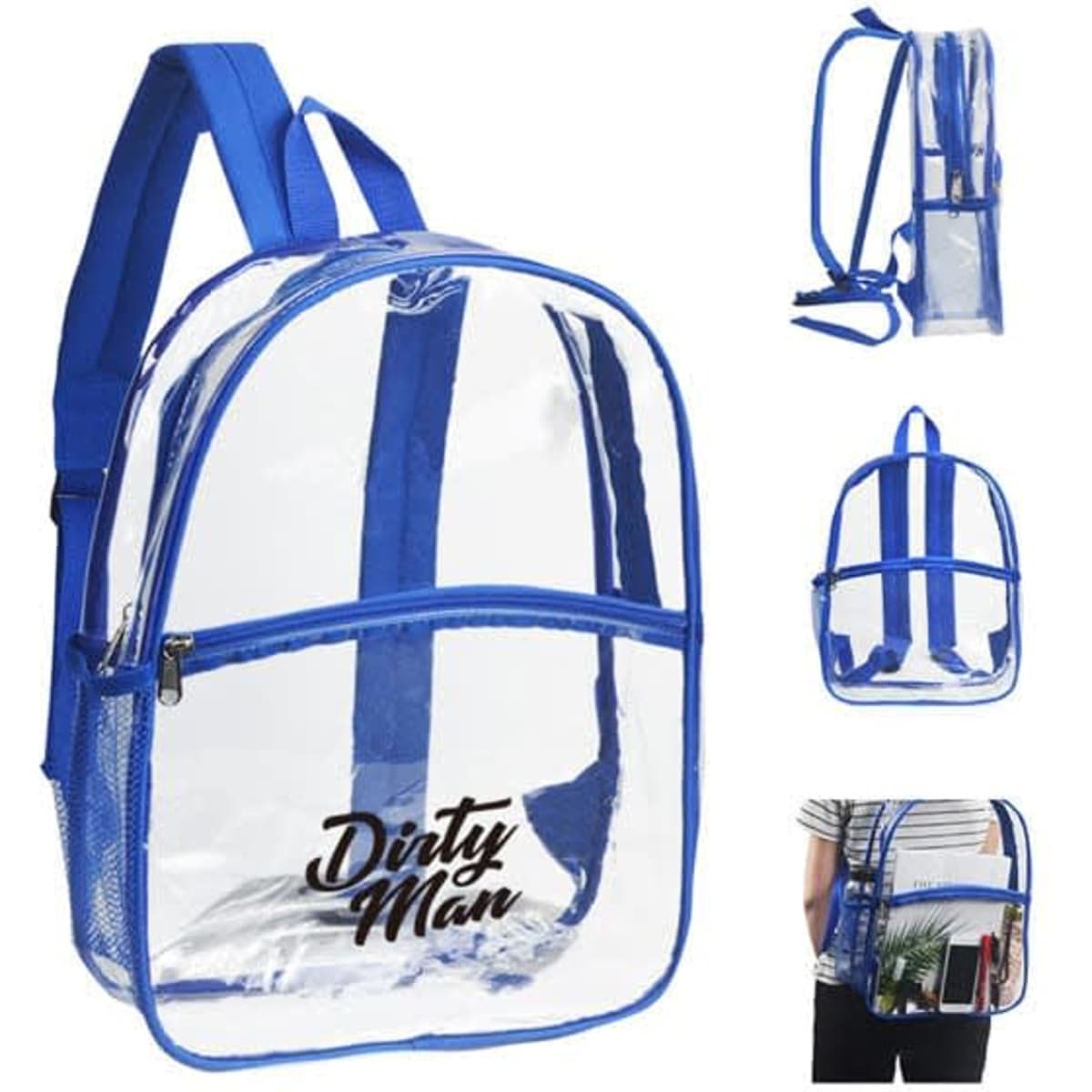 A clear backpack with blue straps and a front zip pocket. It features a logo on the front.