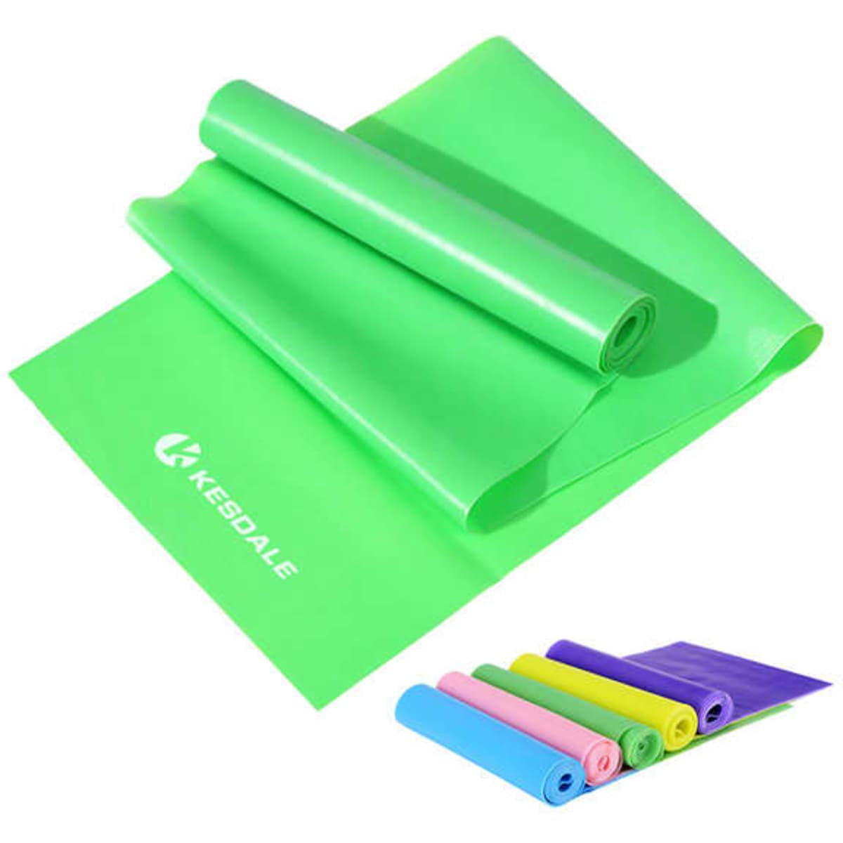 A green TPE exercise resistance band, rolled up with various other colours displayed below, including pink, blue, and purple.