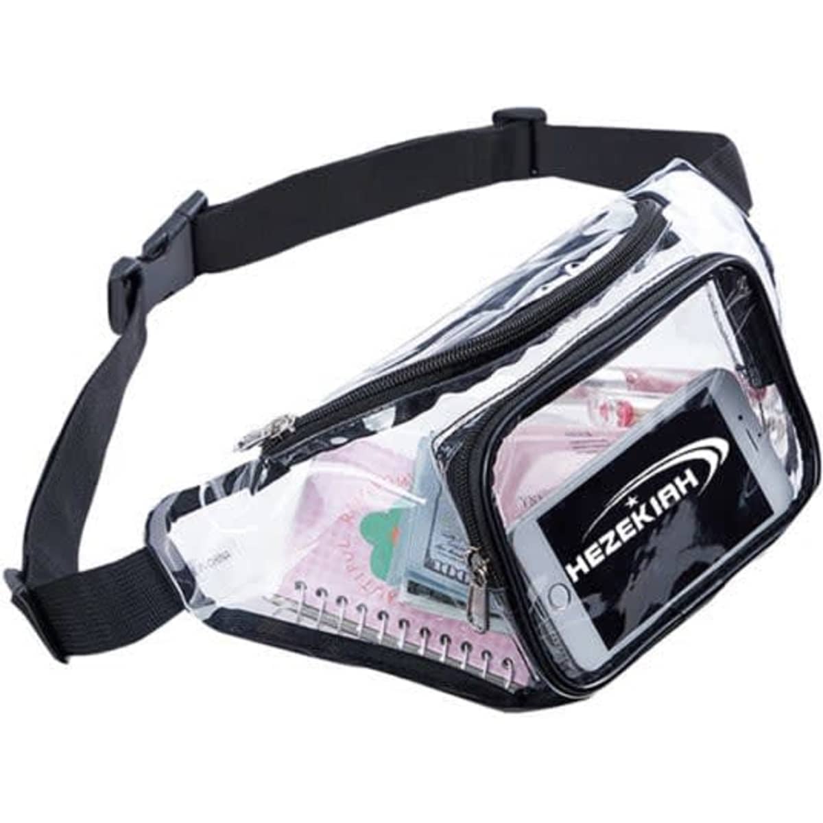 A clear waterproof fanny pack with a black strap, featuring a front zip pocket and space for a phone, money, and cards.