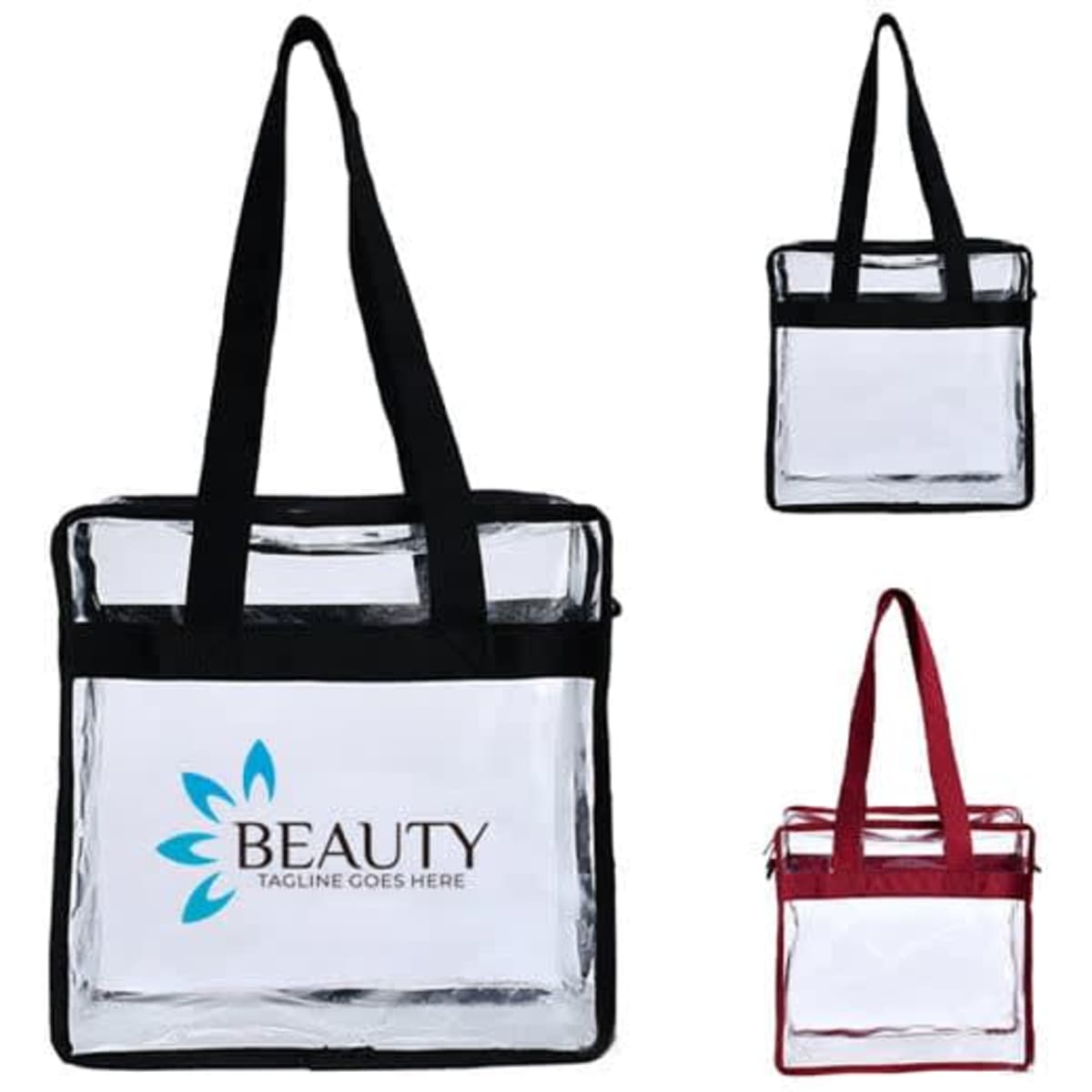 A clear zippered tote bag with black and red handles, featuring a logo on the front. Various views displayed.