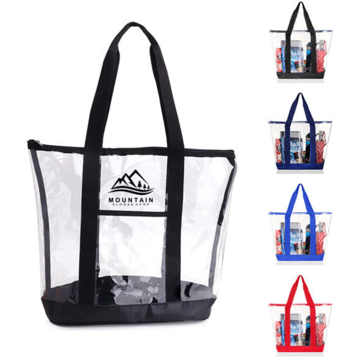 A large clear zippered tote bag with black, red, blue, and additional colour options, featuring a logo on the front.
