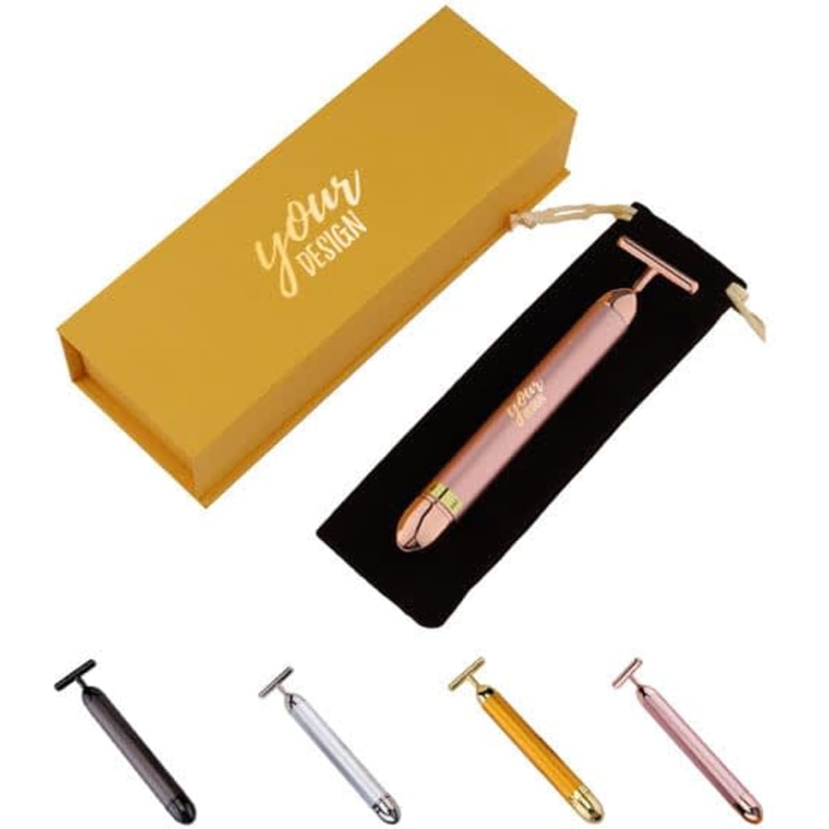 A T-shaped electric facial massager in pink, presented in a gold box with a black velvet insert and other colour options.