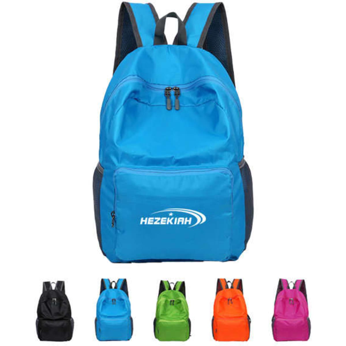 A lightweight foldable waterproof travel backpack in blue, featuring a front pocket and a logo, with other colours below.
