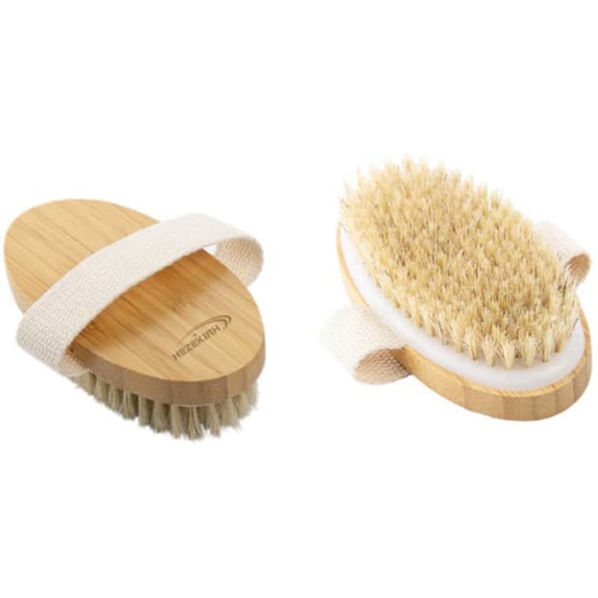 A natural boar bristle body brush with a bamboo handle and a fabric strap, featuring light tan bristles.