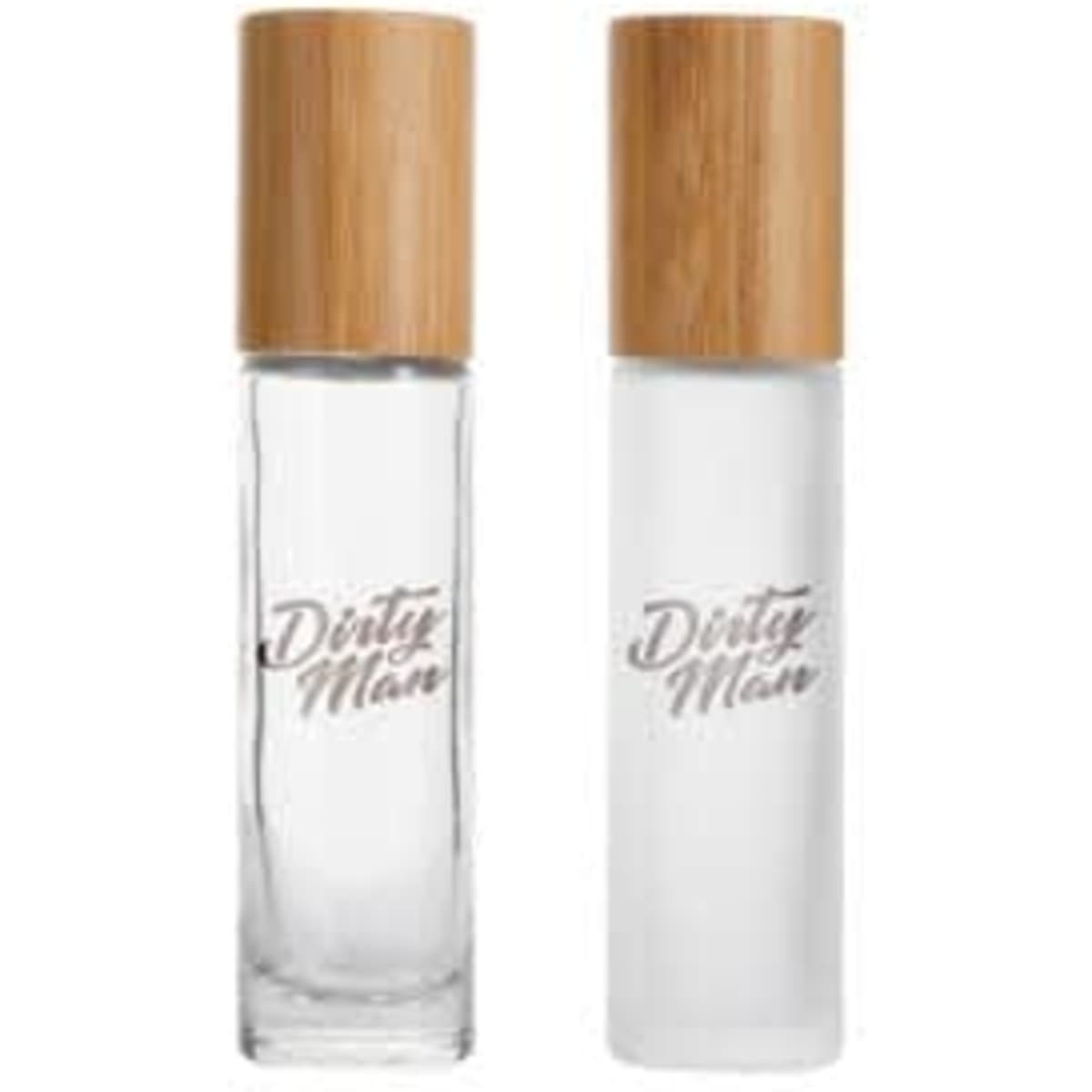 A 10ml glass roll-on bottle with a bamboo lid, featuring a clear and frosted design. It has a logo on the surface.