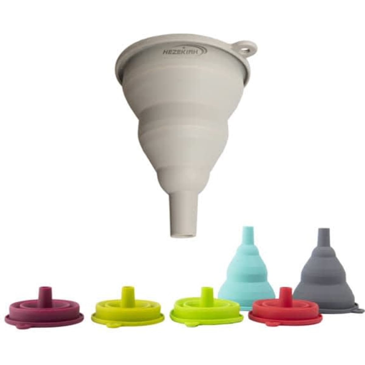 A foldable silicone funnel in grey with four additional colourful funnels in red, green, light blue, and purple.