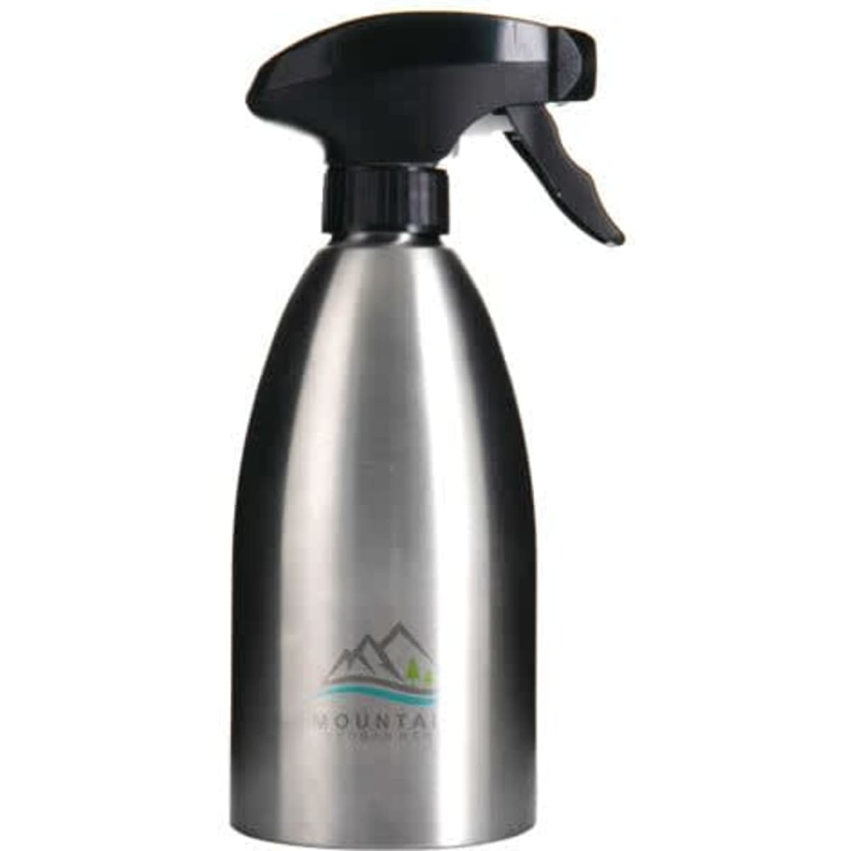 A drink bottle featuring a sleek stainless steel design with a black spray nozzle and a branding logo.