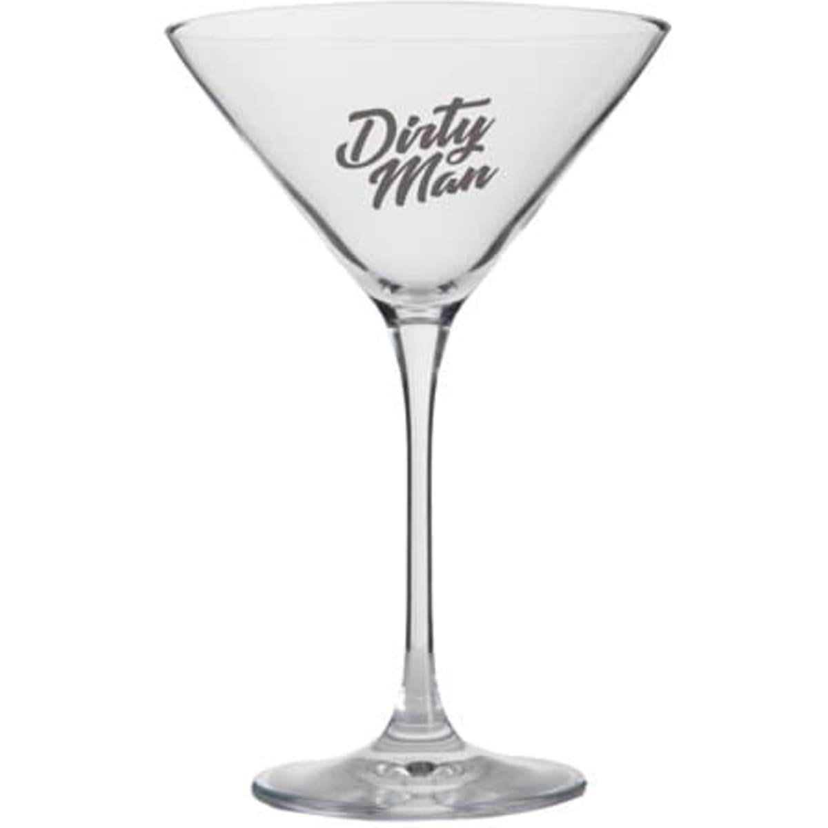 A clear martini glass with a sleek design and a branded logo on the bowl.