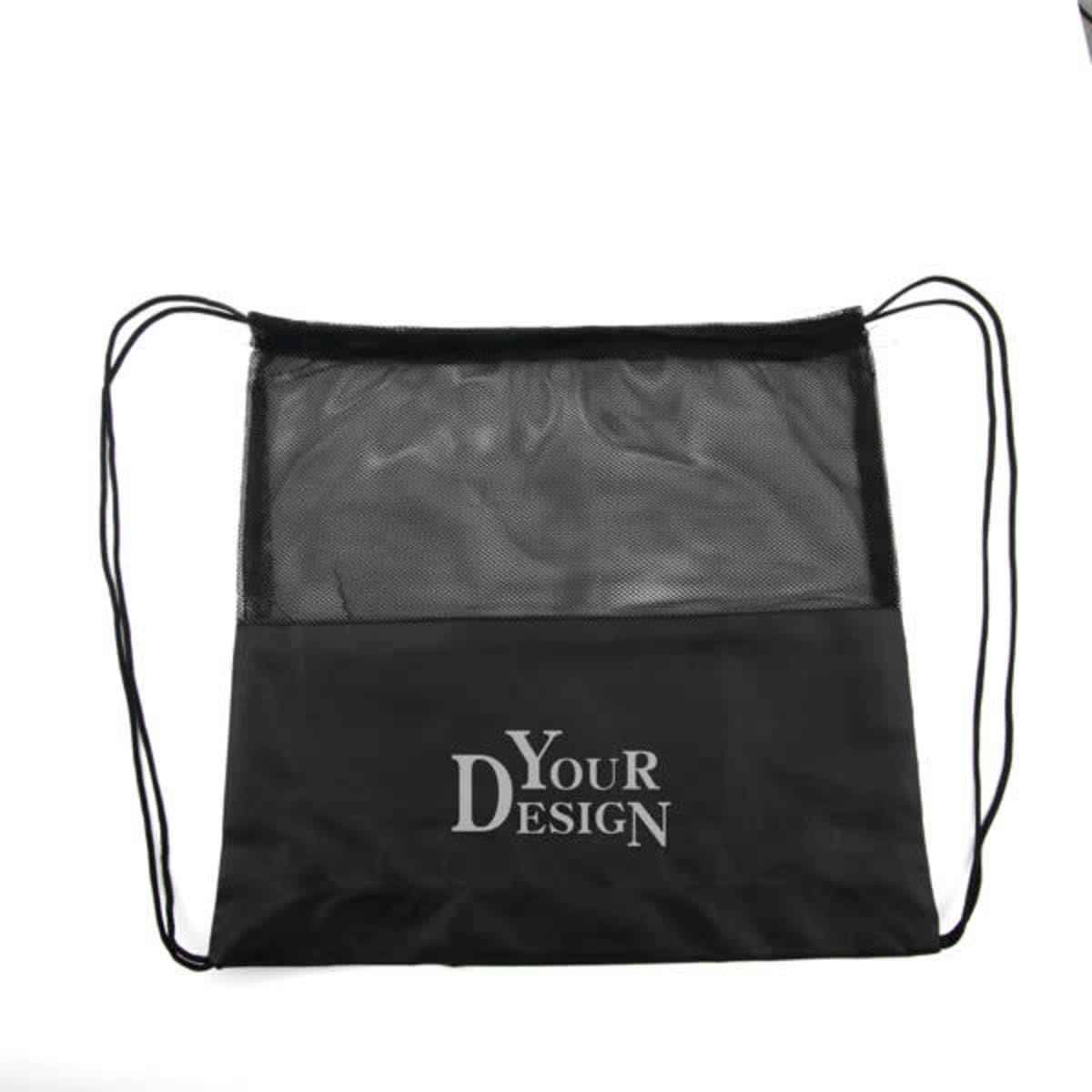 A black mesh drawstring backpack features a mesh front panel and a logo. Suitable for various uses.