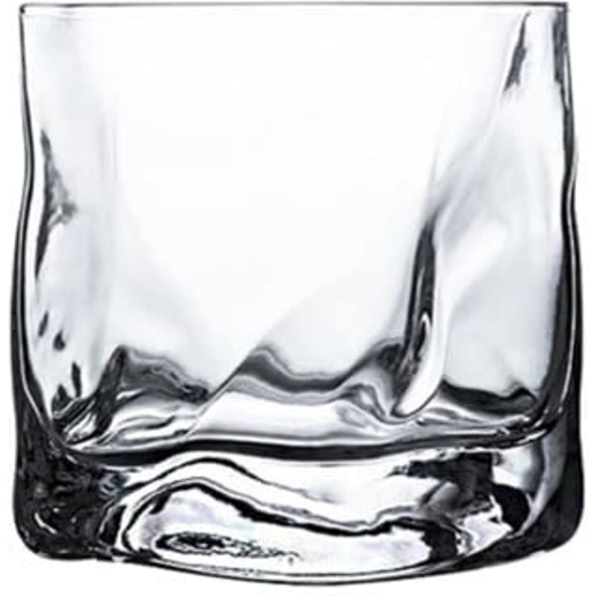 A clear irregular whiskey glass with a unique wave design and a thick base, suitable for serving drinks.