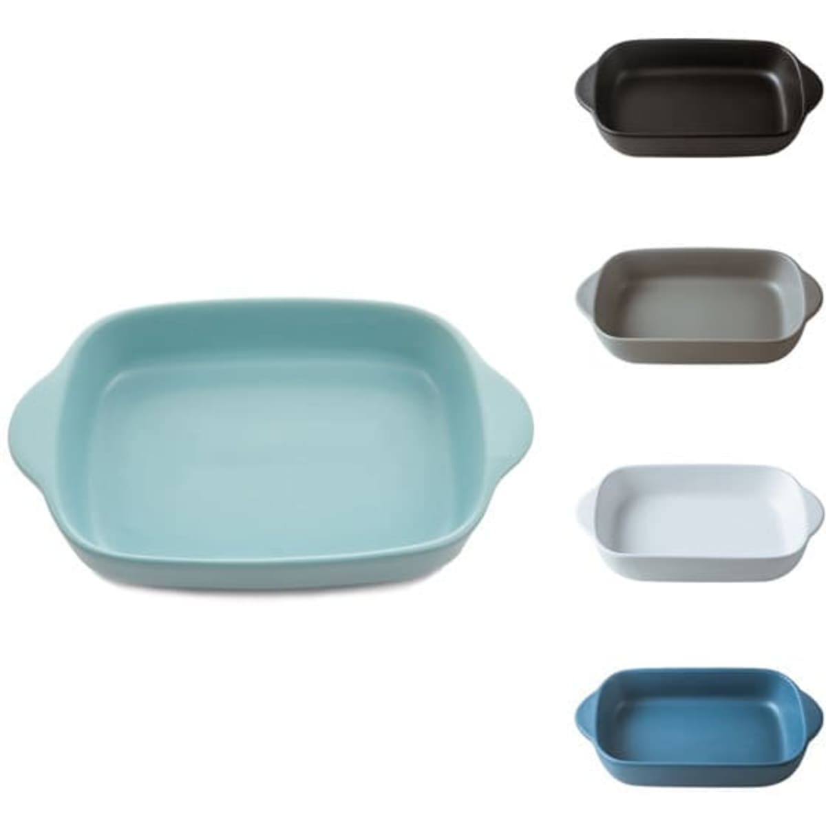 A ceramic baking pan in a light blue colour, surrounded by four other baking pans in various shades of black, grey, and white.