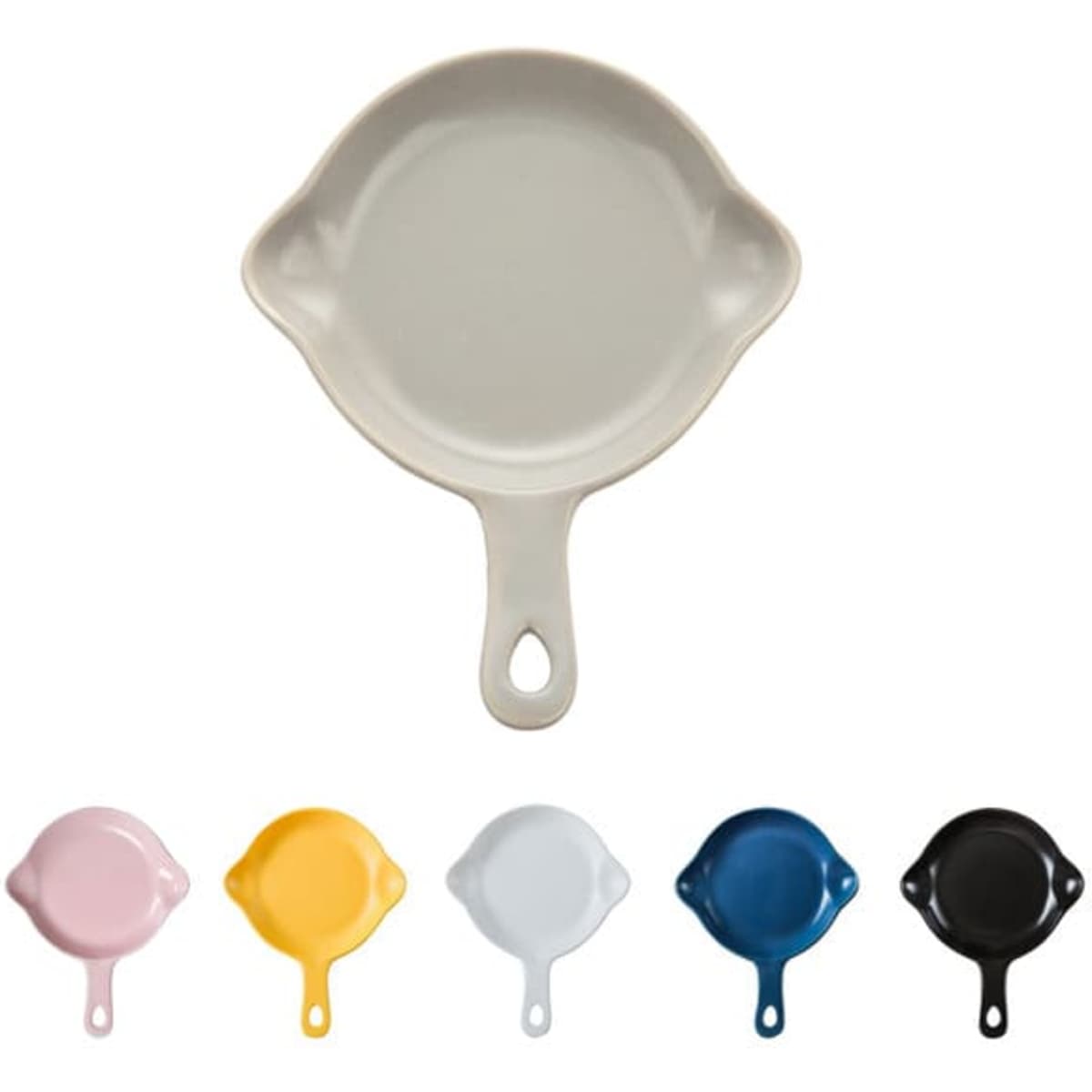 A round matte ceramic baking dish with a handle, displayed in various colours: pink, yellow, white, blue, and black.