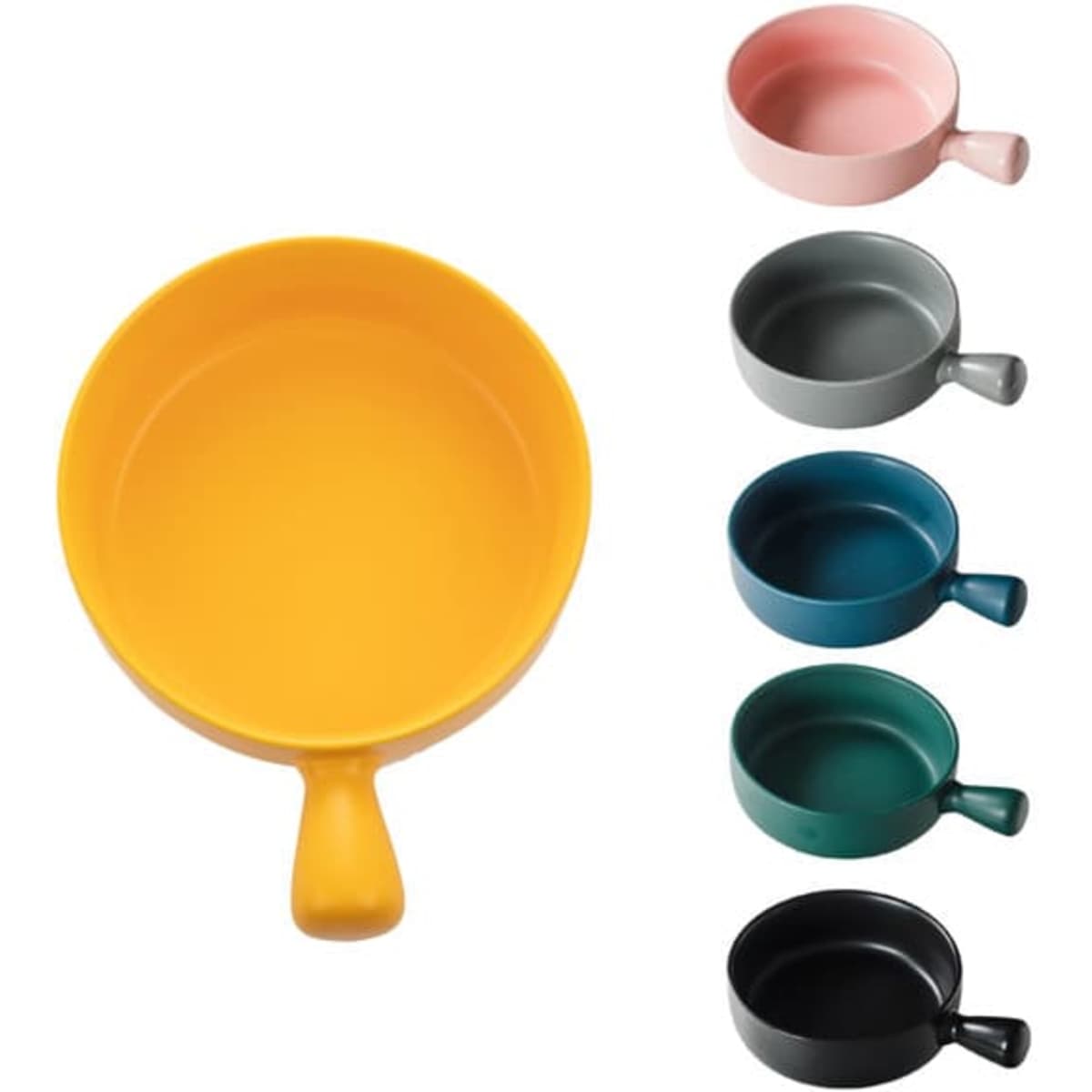 Ceramic bowl with handle in yellow, alongside options in pink, grey, teal, and black, featuring a logo.