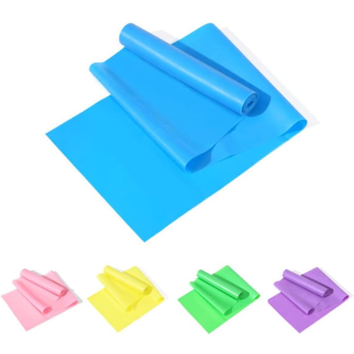 A set of TPE yoga resistance bands in various colours, including blue, pink, yellow, green, and purple.