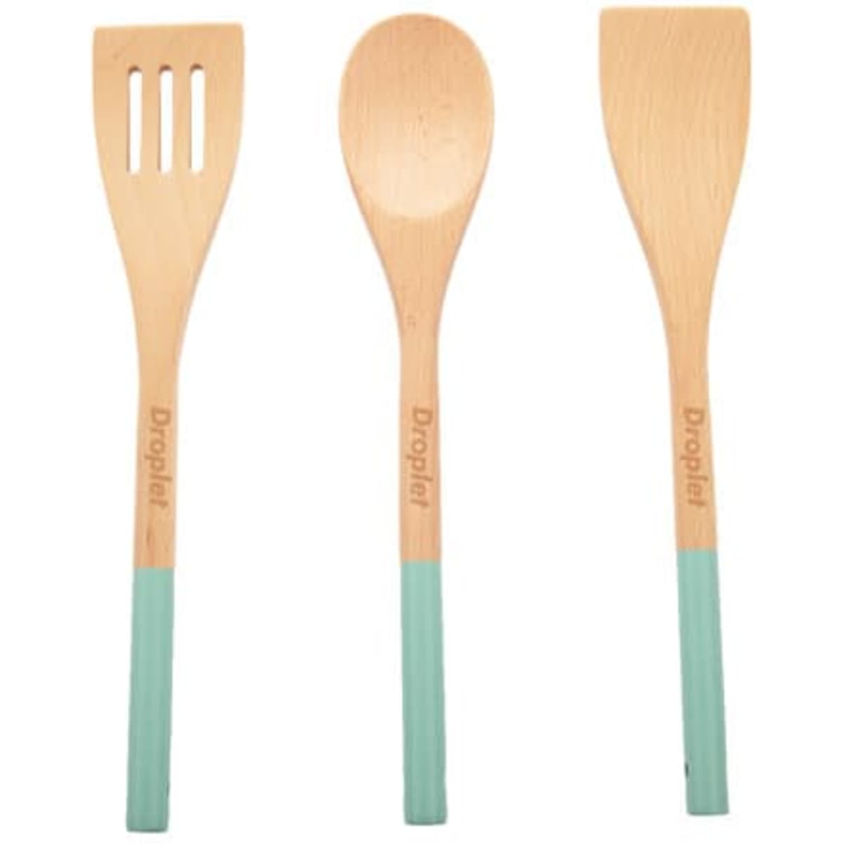 A wooden cooking utensil set featuring three pieces: a slotted spatula, a spoon, and a flat spatula, with mint handles.