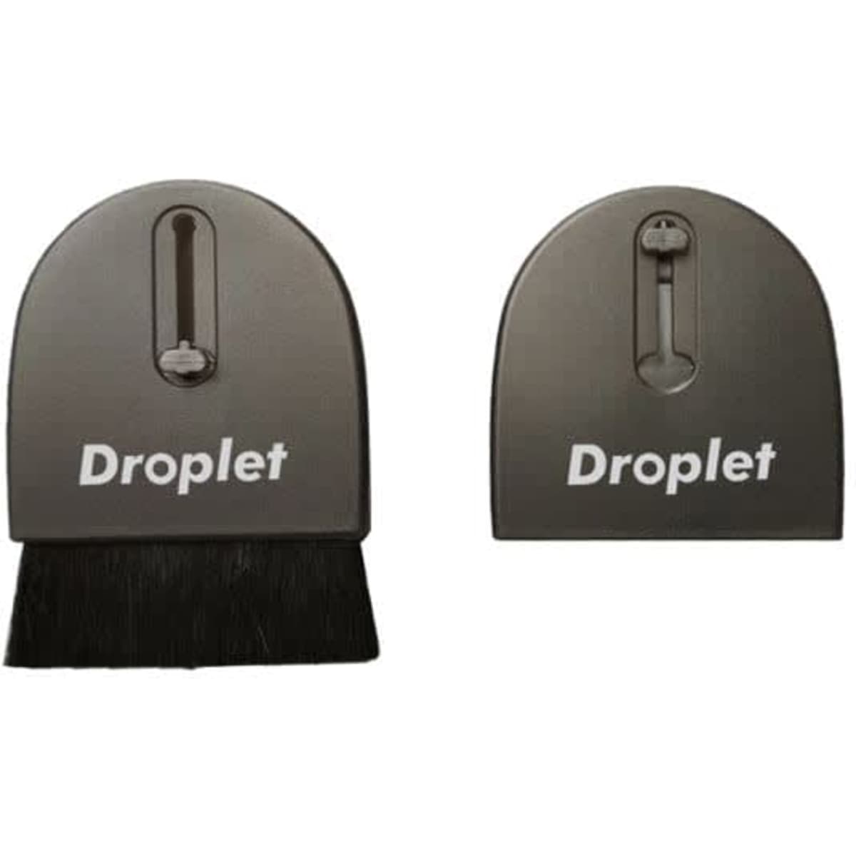A retractable computer cleaning brush in grey with a black bristle head, featuring branding on both sides.