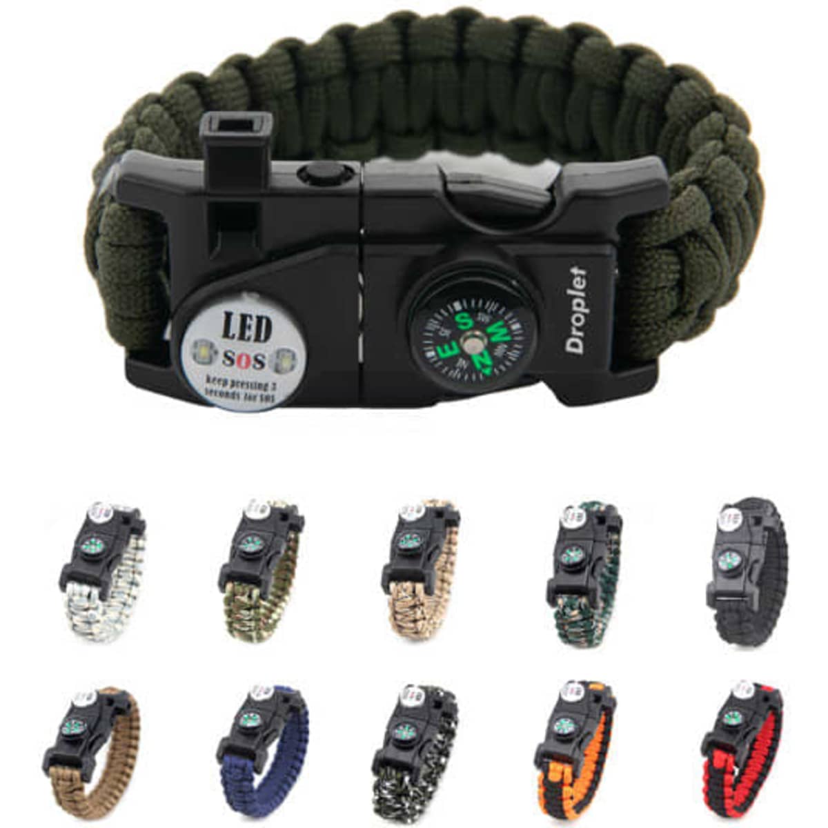An olive green paracord survival bracelet with a compass and LED feature, accompanied by various other colour options.