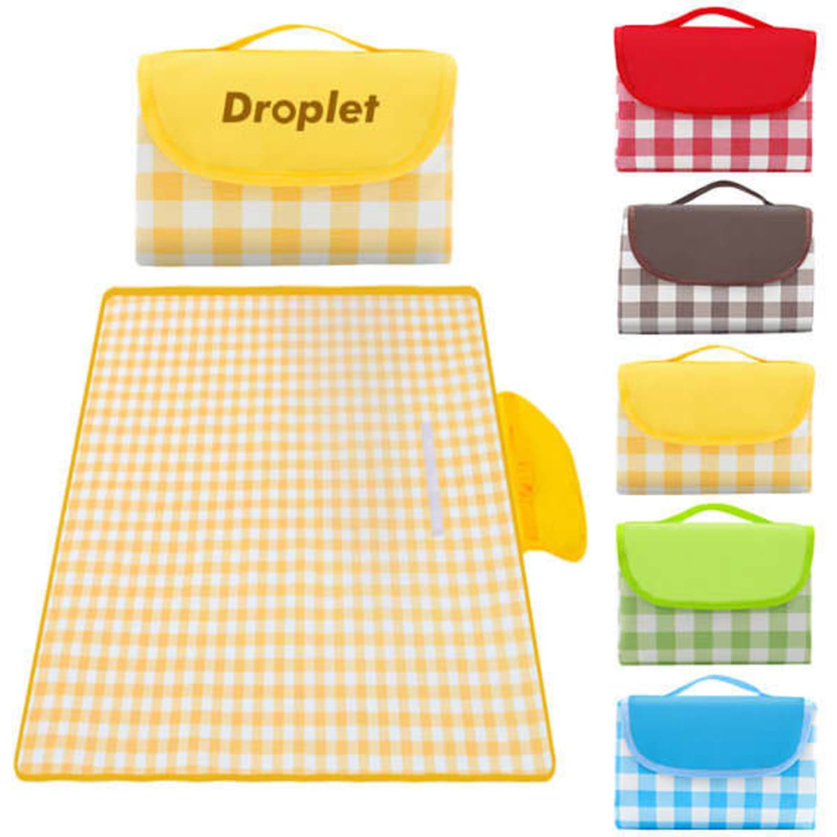 A yellow plaid picnic blanket folded with a carrying handle, featuring multiple colour options in the background.