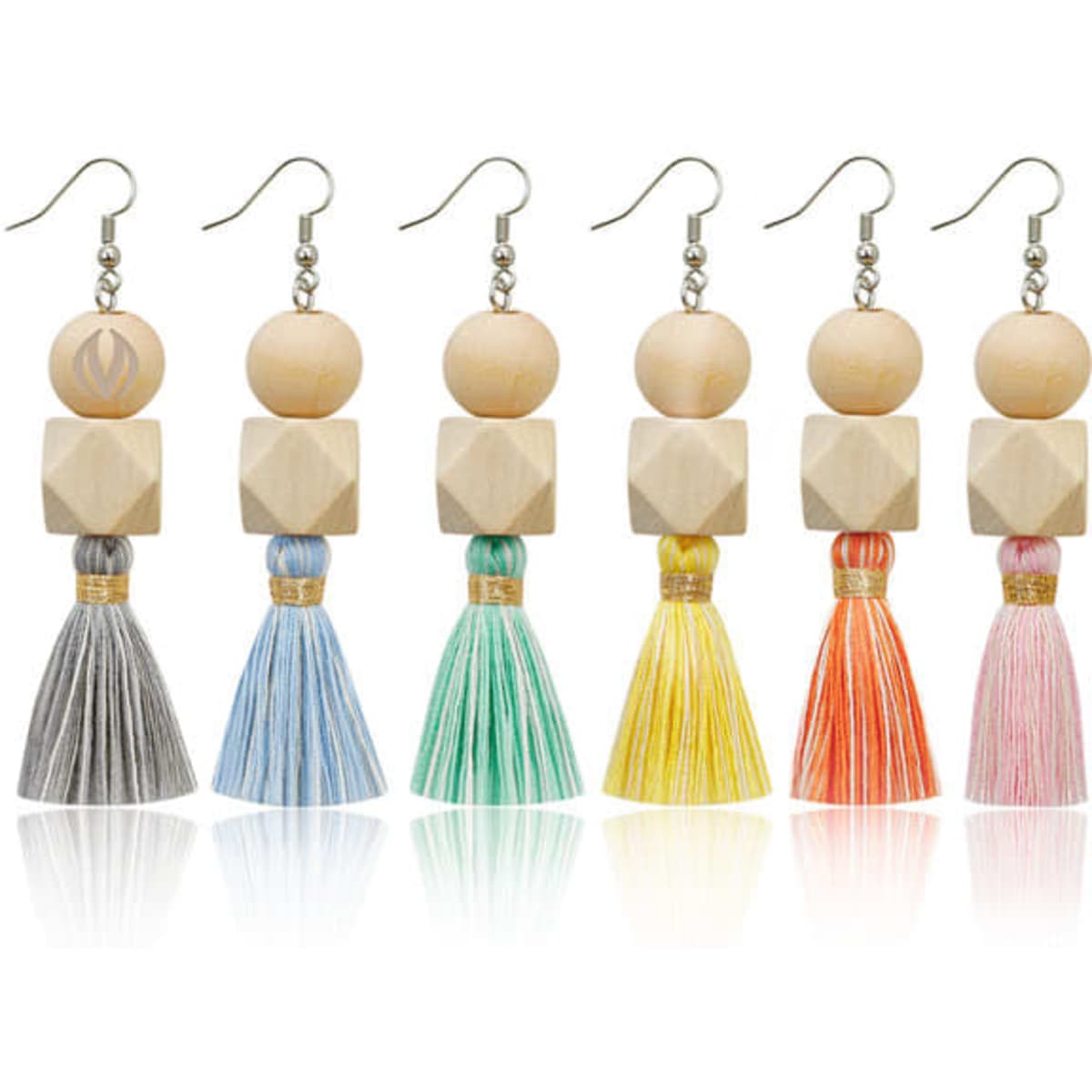 Wooden bead tassel earrings in various colours, featuring geometric shapes and decorative tassels. Includes silver hooks.