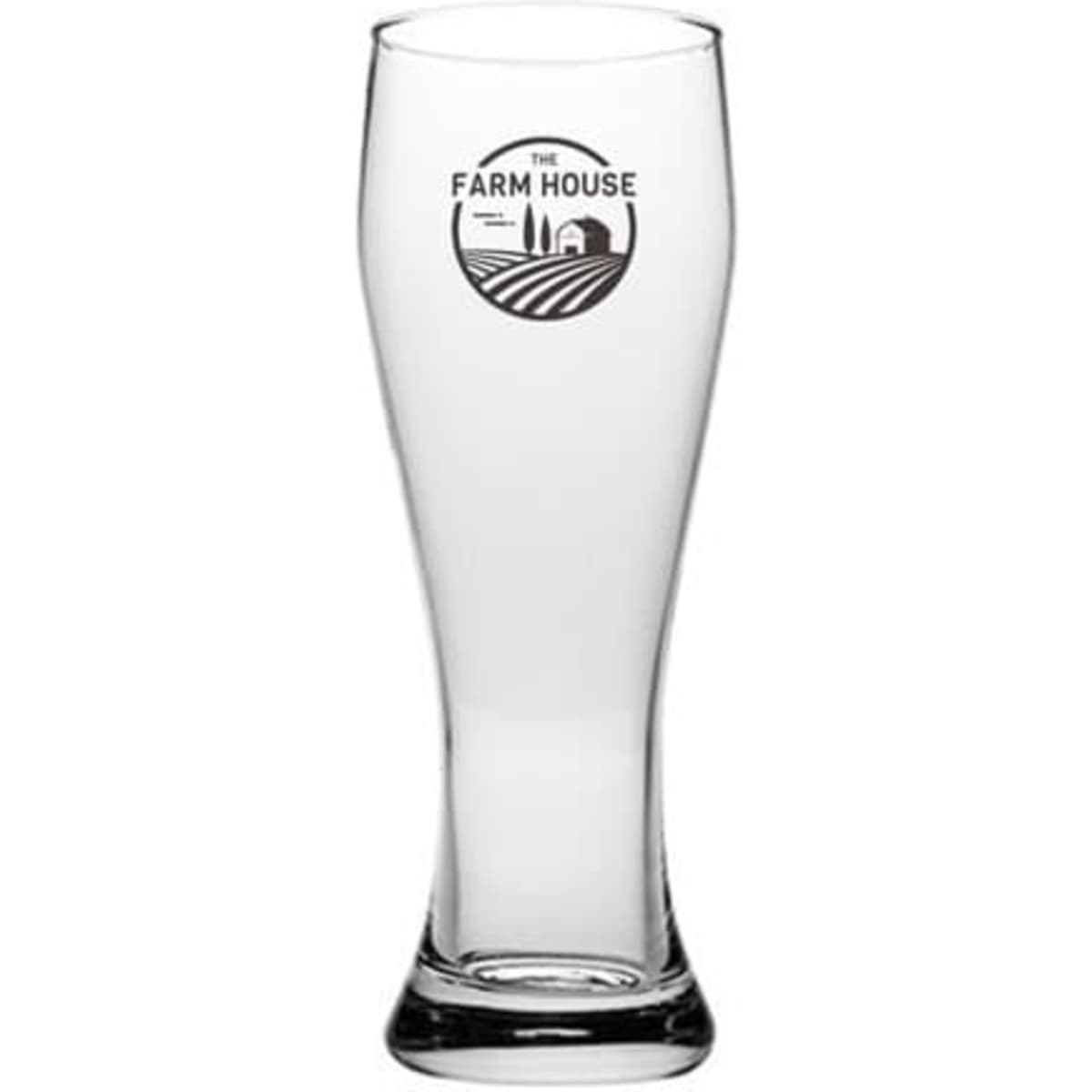 A clear, tall pilsner glass with a smooth design and a logo on the front.