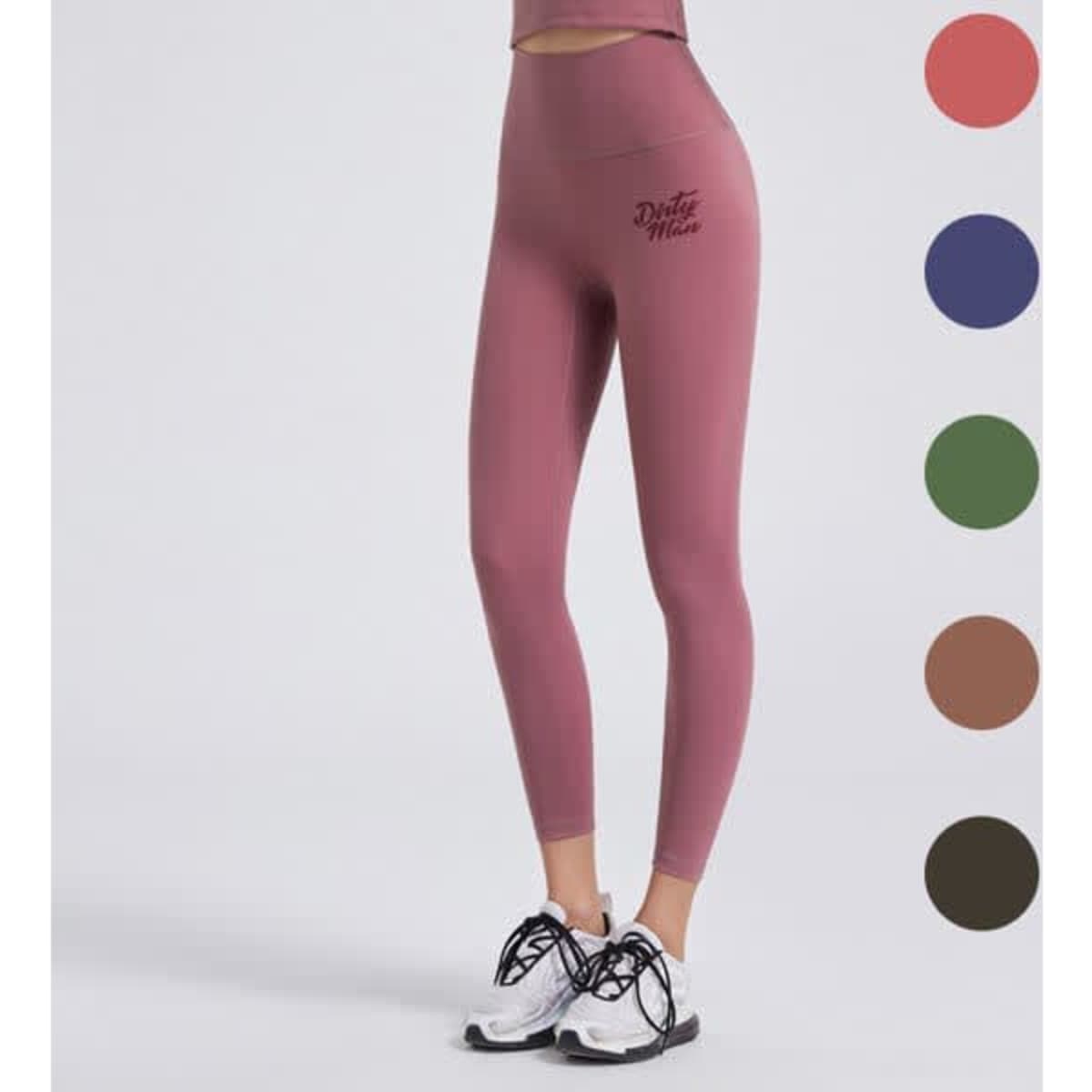 High-waisted yoga leggings in rose pink with a logo, featuring five additional colour options.
