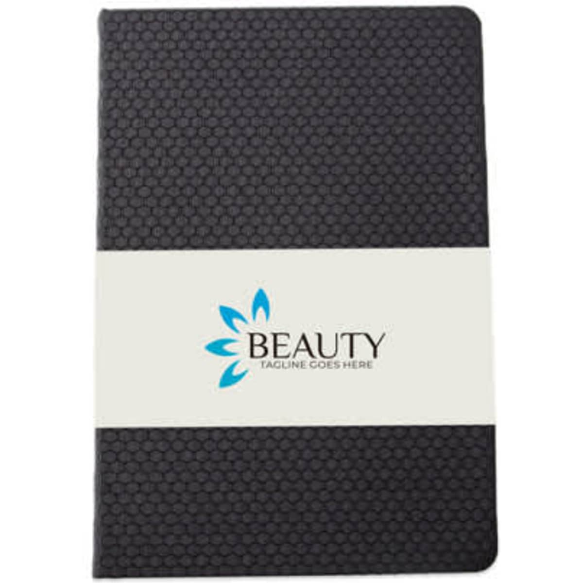 A black honeycomb lined notebook with a branded band around it displaying a logo.