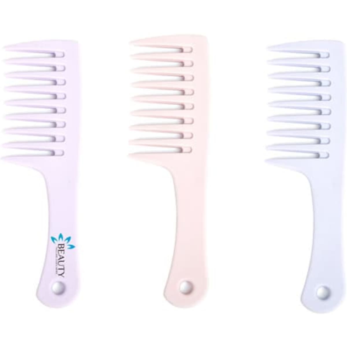 A wide tooth comb set in purple and pink, featuring a logo on one handle. Ideal for hair care and styling.