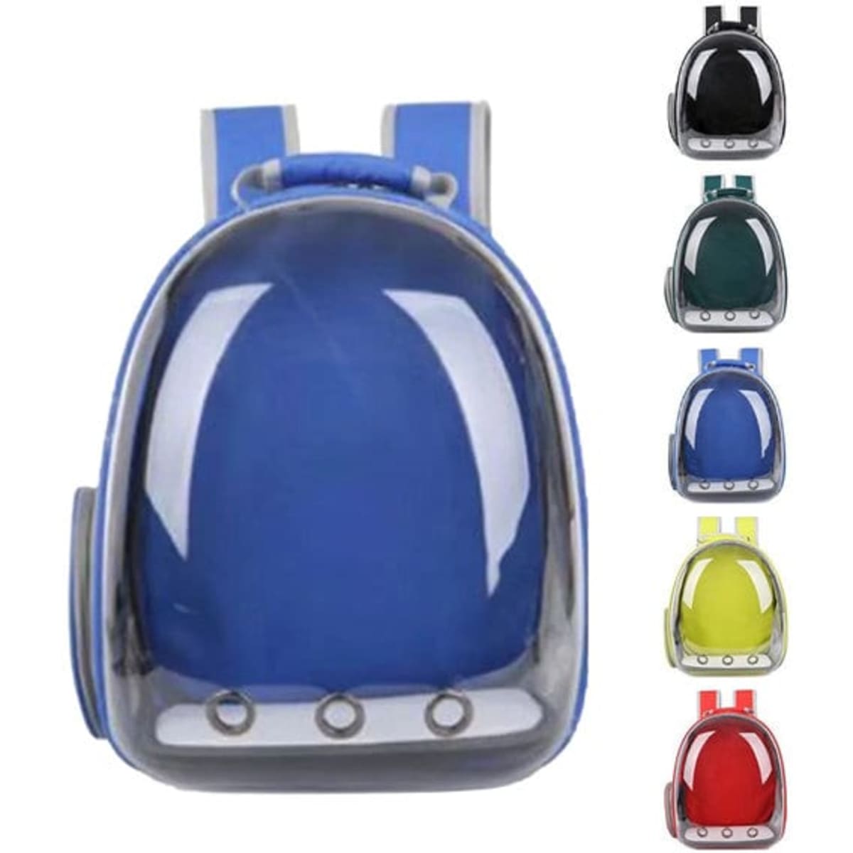A blue pet carrier bubble backpack featuring a clear exterior, with additional colour options displayed alongside.