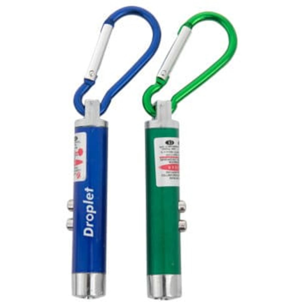 A blue and green LED laser pen pointer flashlight with a carabiner clip, featuring a small branding logo.