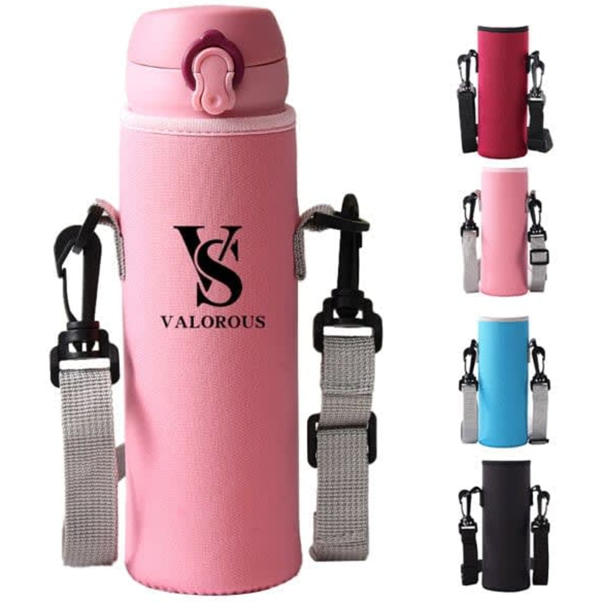 A drink bottle in a pink neoprene holder with a strap, available in additional colours. The holder features a logo.