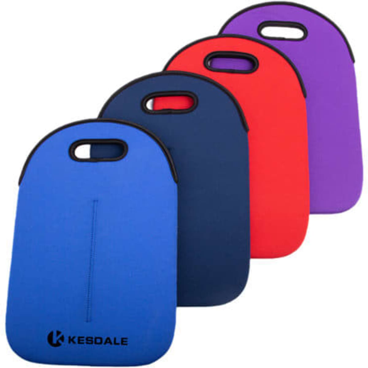 A drink bottle holder featuring four colours: blue, navy, red, and purple, with a logo displayed on one.