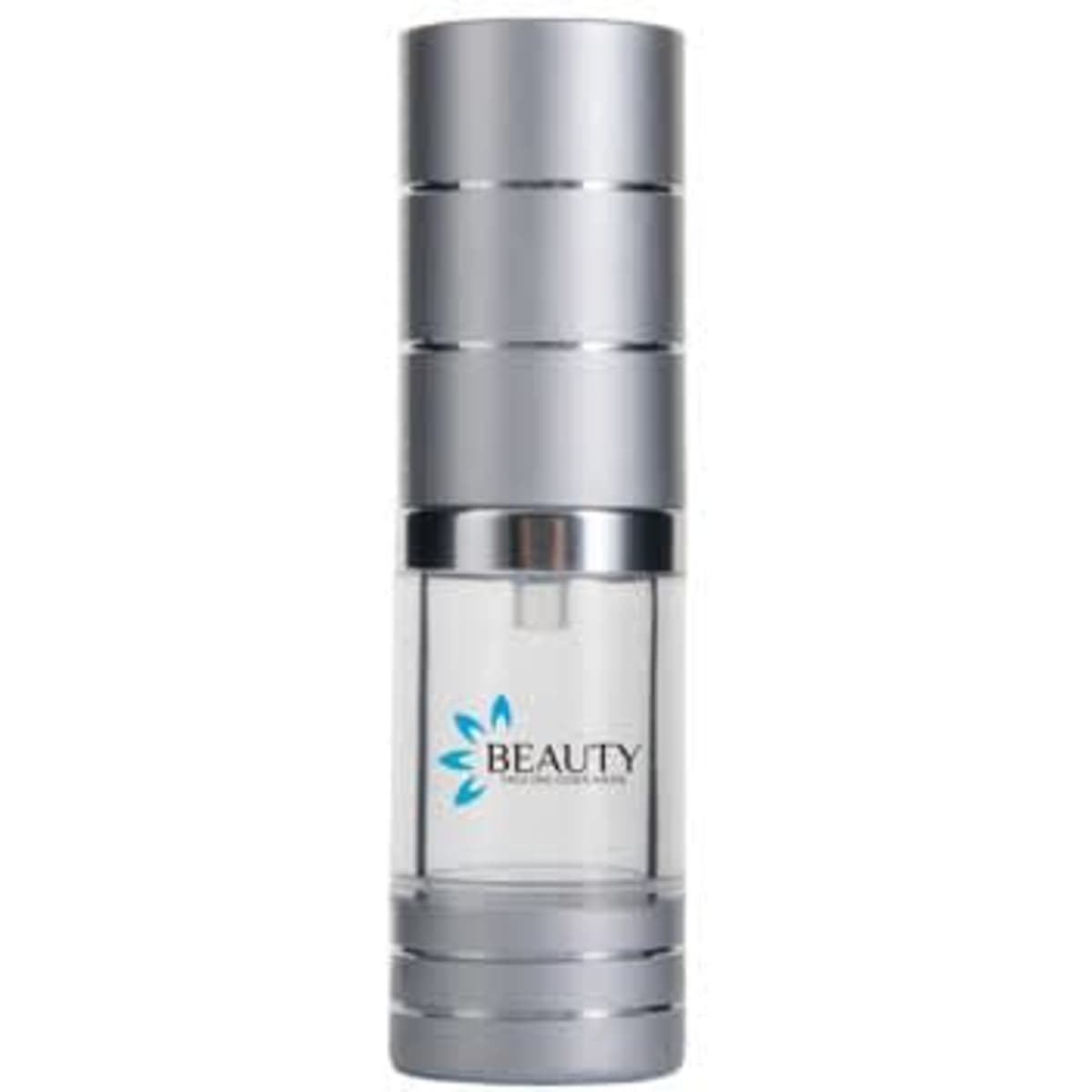 A clear 10ml airless pump bottle with a silver cap and a logo, suitable for health and personal use.
